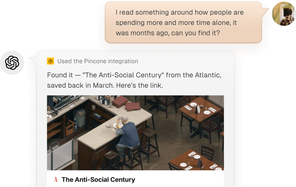 A chat where an AI assistant finds a saved article using the Pincone integration