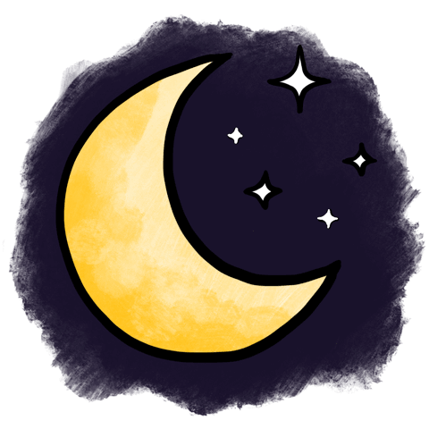 Illustration of a moon and stars on a dark, swirly background.