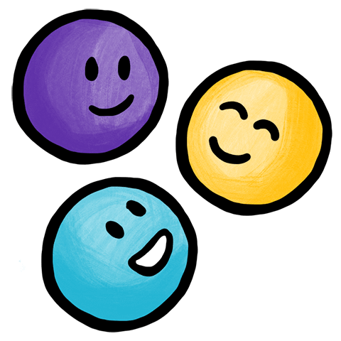 Illustration of three happy faces where each face is a little genderless blob.